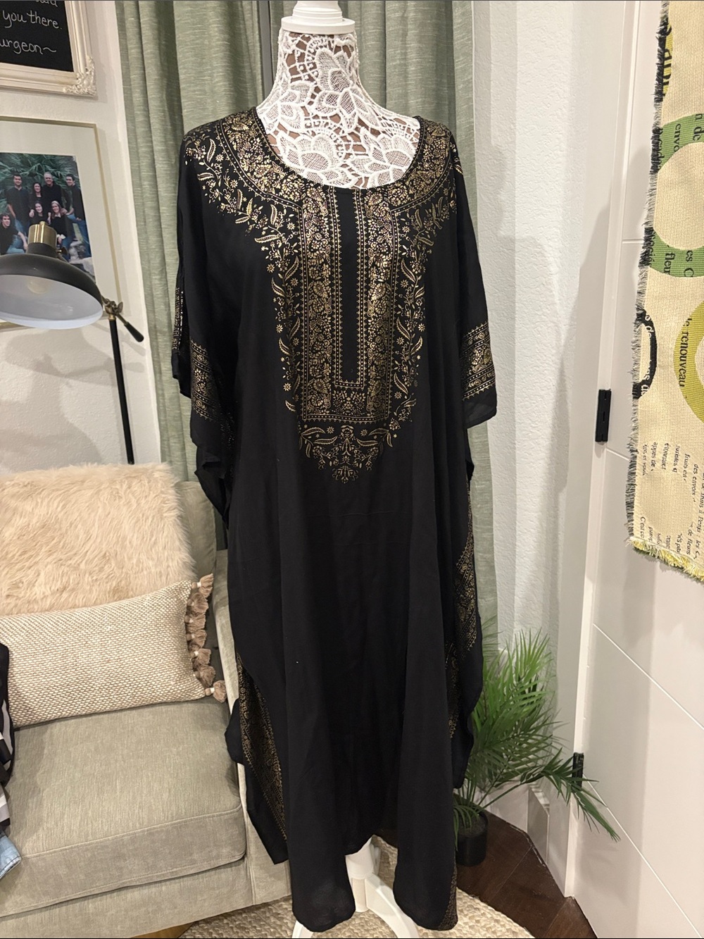 Black Embroidered Kaftan Dress with Gold Detail